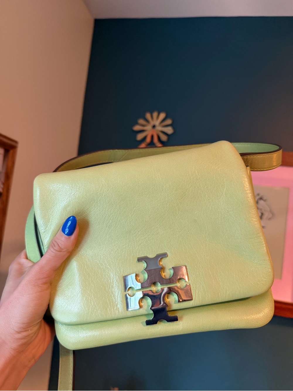 Tory Burch Light Green Leather Crossbody Bag with Logo Clasp